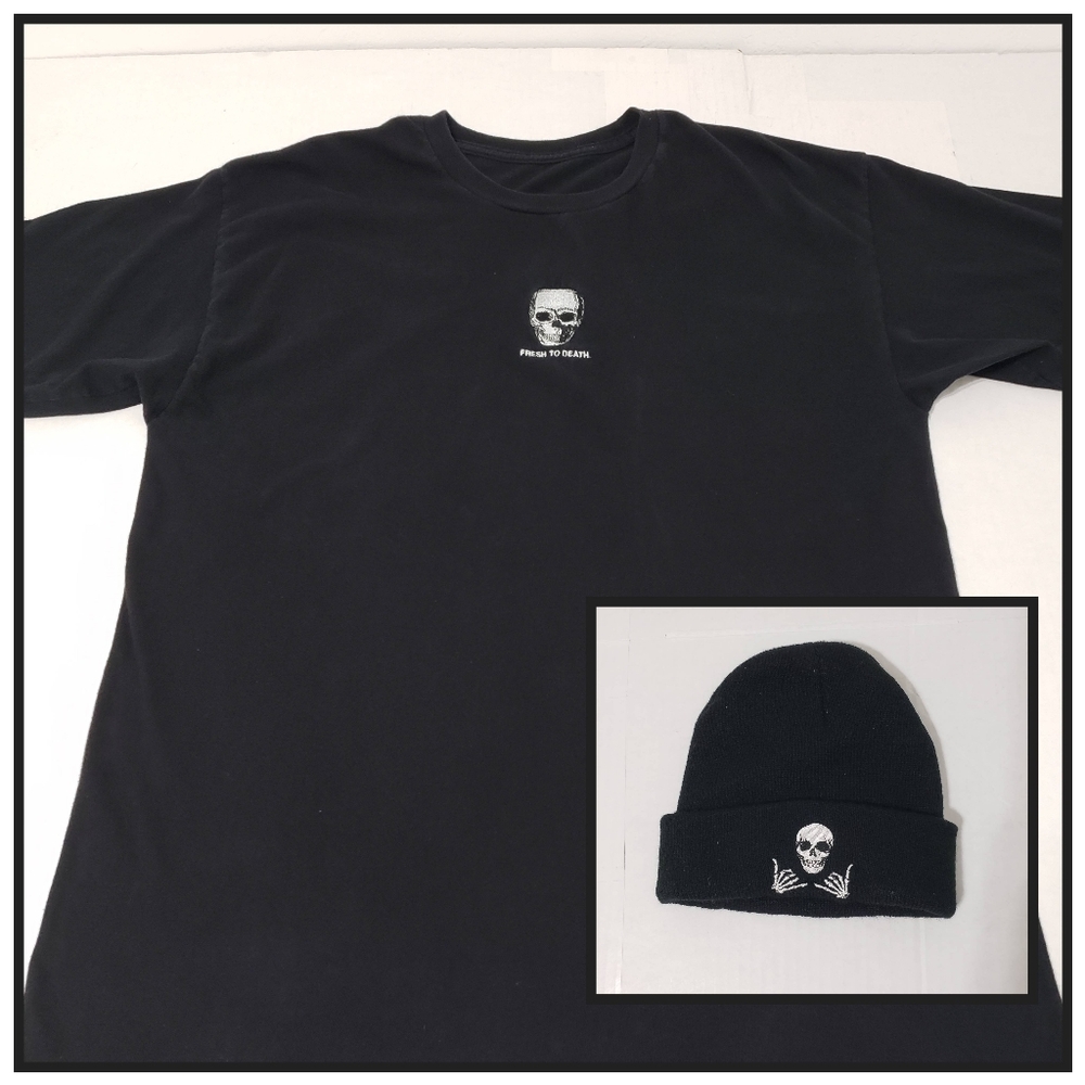Fresh to Death Skull Embroidered T-Shirt & Beenie Men's Large Black 100% Cotton